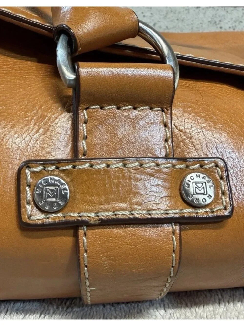 Michael Kors Vintage Astor Cognac Brown Leather Satchel Belted Handbag Purse Y2K